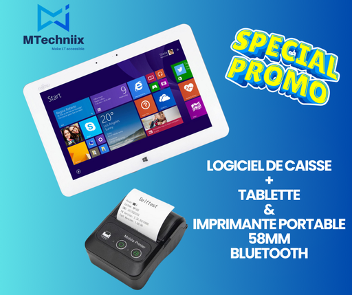 Pack POS : Tablette Windows+ imprimante thermique bluetooth portable 58mm + logiciel de gestion de caisse et stock